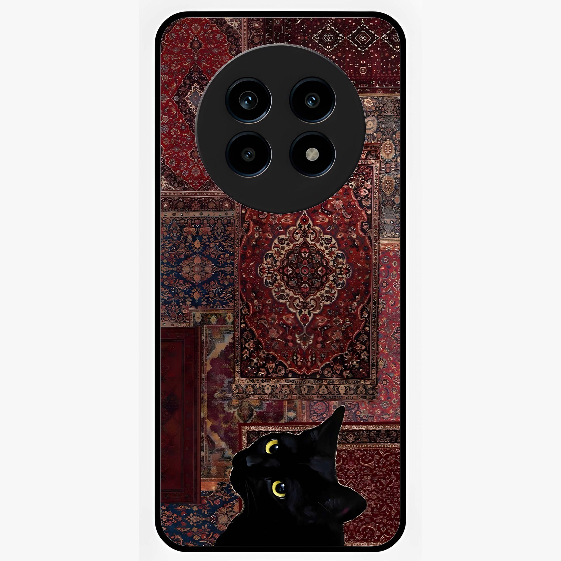 Regal Magic Cat Apple Glass Case showing flat back view with magical cat artwork holding apple and glossy glass finish.