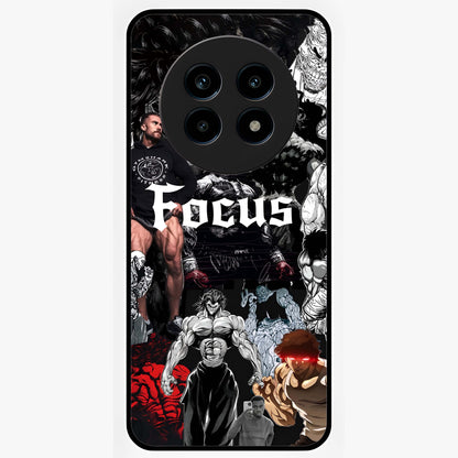 Relentless Power Focus Glass Case showing flat back view with motivational typography artwork and glossy glass finish.