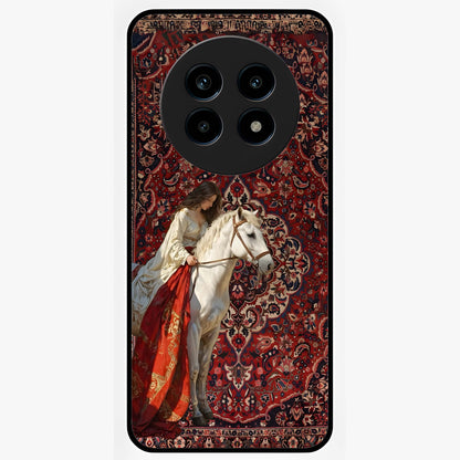 Royal Rider Tapestry Glass Case showing flat back view with majestic horse rider tapestry artwork and glossy glass finish.