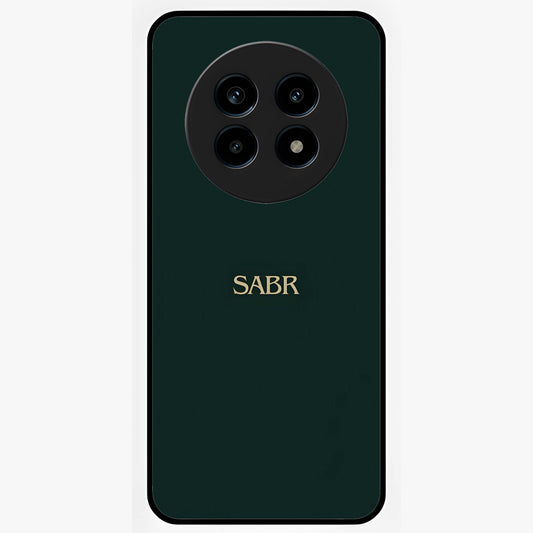 Sabr Minimal Patience Glass Case showing flat back view with minimalist typography artwork and glossy glass finish.