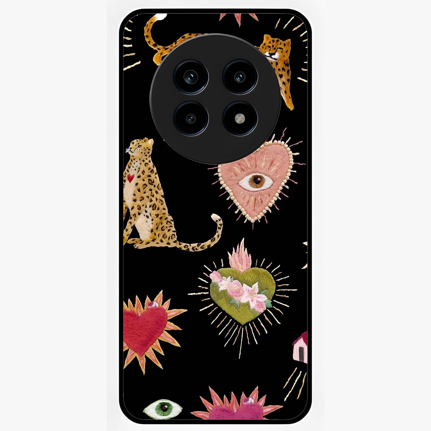 Sacred Jungle Heart Glass Case showing flat back view with jungle inspired heart artwork and glossy glass finish.