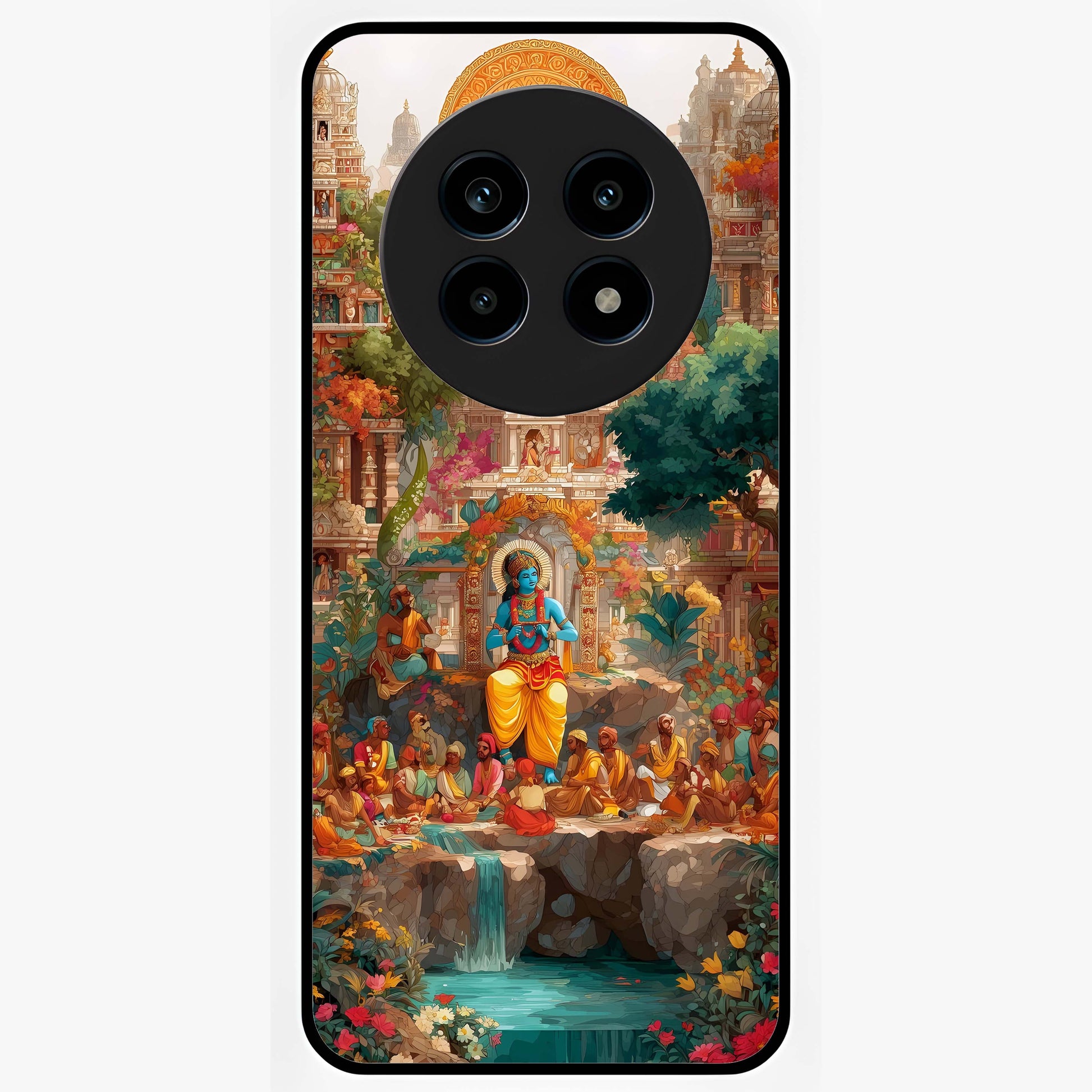 Sacred Sunlight Gods Glass Case showing flat back view with divine sunlight themed artwork and glossy glass finish.