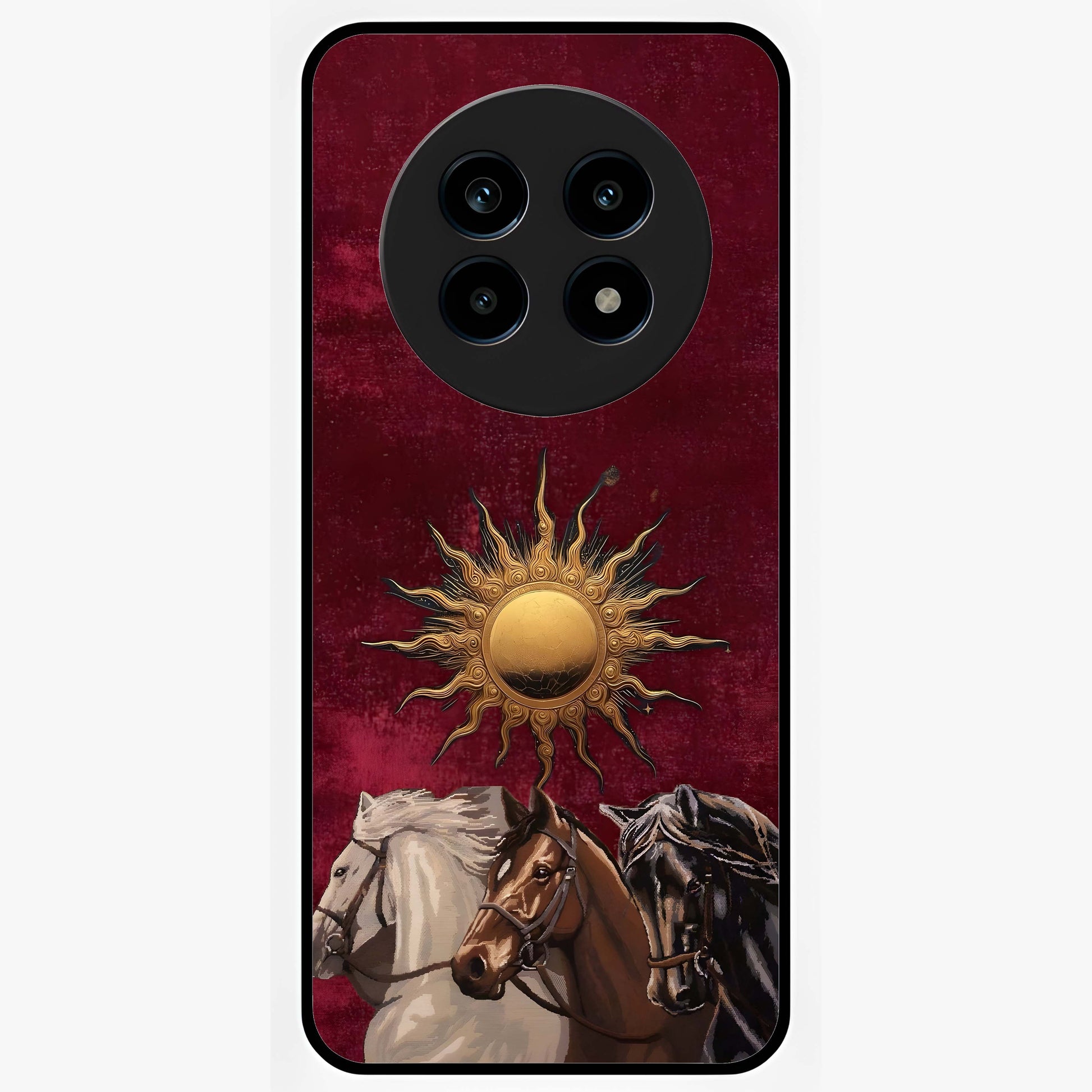 Solar Riders Glass Case showing flat back view with dynamic rider themed artwork and glossy glass finish.