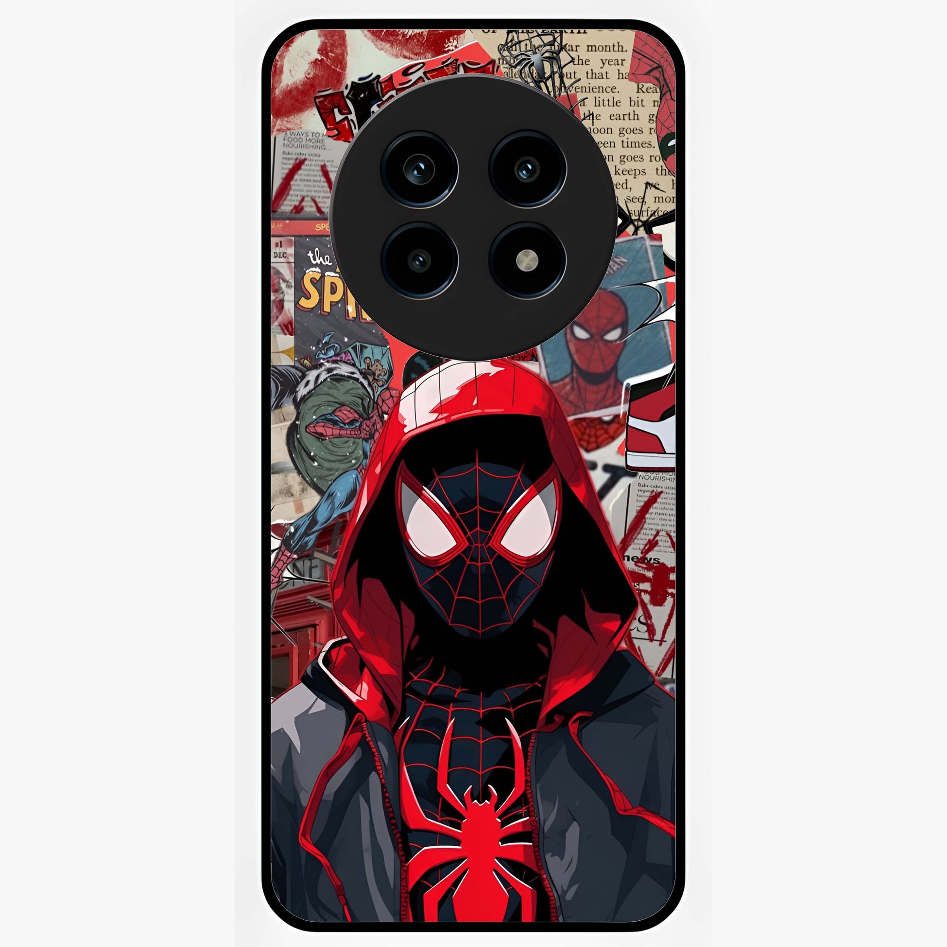 Spider Collage Street Glass Case showing flat back view with vibrant superhero collage artwork and glossy glass finish.