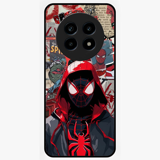 Spider Collage Street Glass Case showing flat back view with vibrant superhero collage artwork and glossy glass finish.