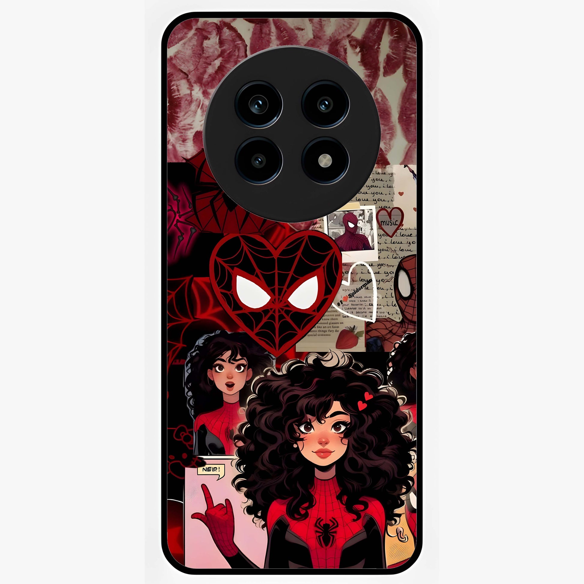 Spider Love Story Glass Case showing flat back view with romantic superhero themed artwork and glossy glass finish.