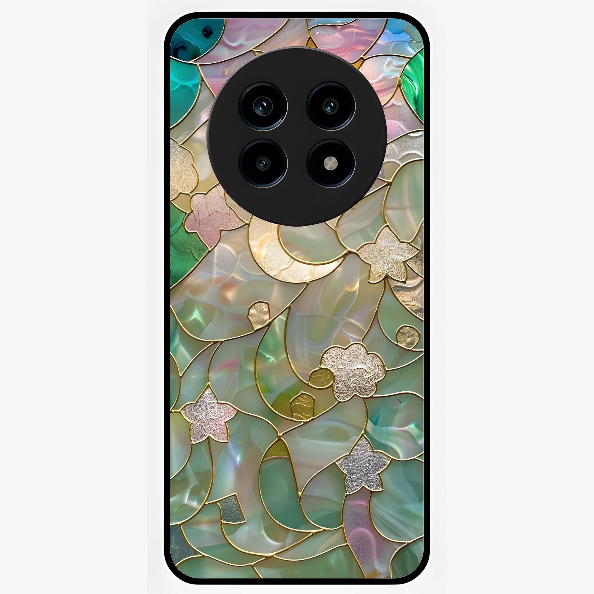 Stained Sunrise Glow Glass Case showing flat back view with glowing sunrise stained pattern artwork and glossy glass finish.