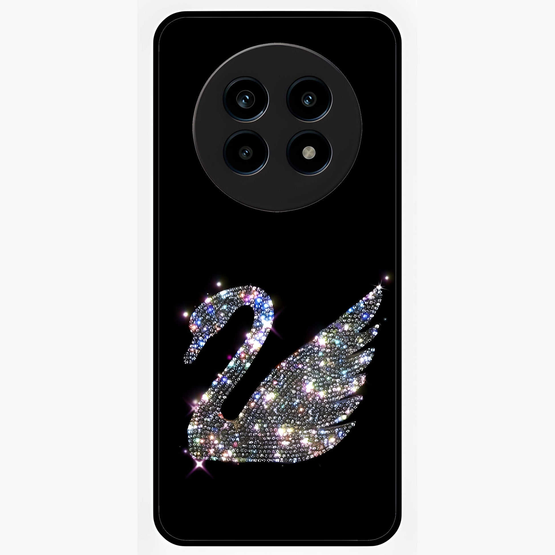 Starlit Swan Grace Glass Case showing flat back view with graceful swan artwork under starry sky and glossy glass finish.