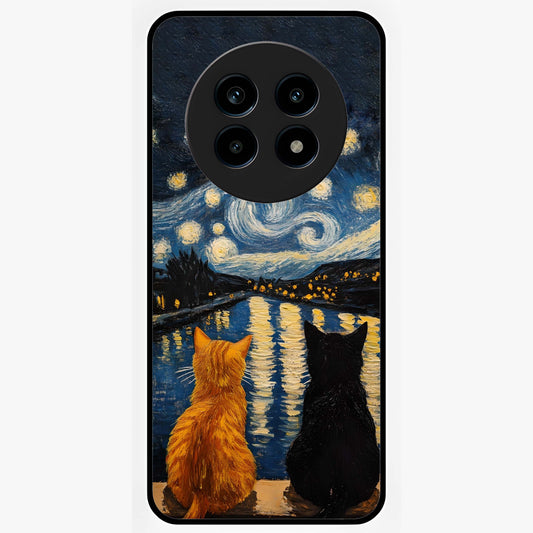Starry River Cats Glass Case showing flat back view with cats by a starry river artwork and glossy glass finish.