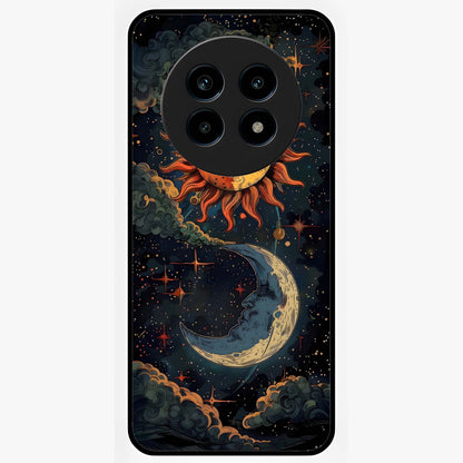 Sun And Moon Magic Design Glass Case showing flat back view with mystical sun and moon artwork and glossy glass finish.