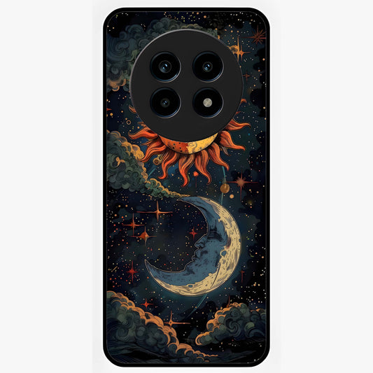 Sun And Moon Magic Design Glass Case showing flat back view with mystical sun and moon artwork and glossy glass finish.