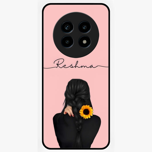 Sunflower Braid Beauty With Custom Name Glass Case showing flat back view with sunflower braid artwork and personalized name design.