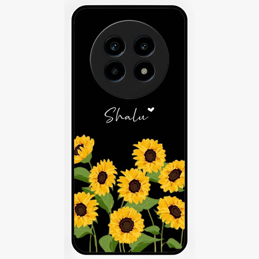 Sunflower Chic Mood Custom Name Glass Case showing flat back view with stylish sunflower artwork and personalized name design.