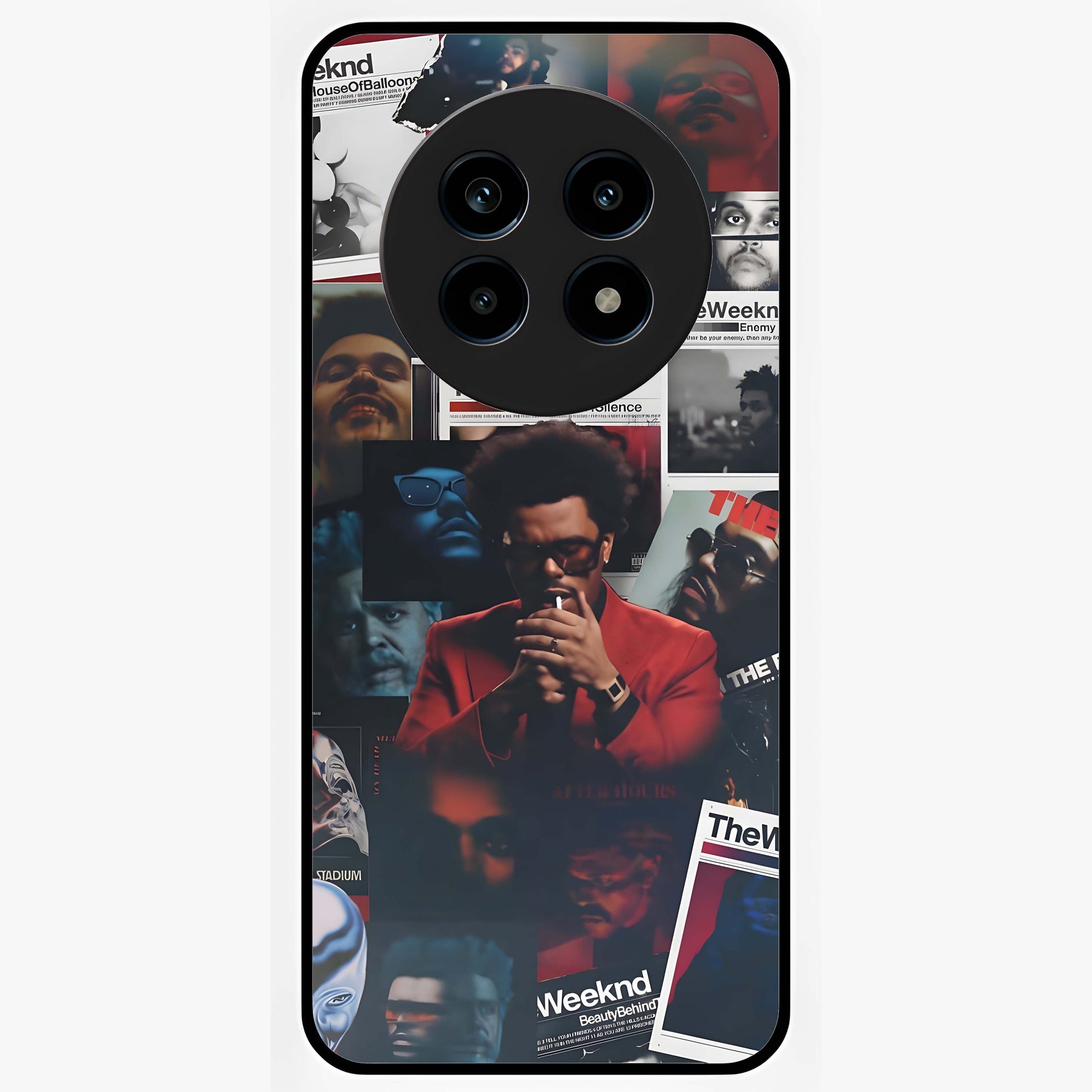 The Weeknd Glass Case showing flat back view with music inspired artistic portrait artwork and glossy glass finish.