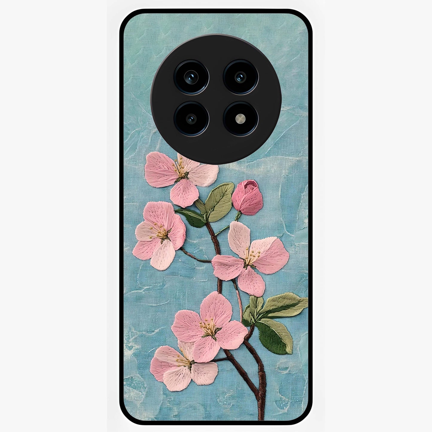 Threaded Blossom Breeze Glass Case showing flat back view with delicate blossom artwork and glossy glass finish.