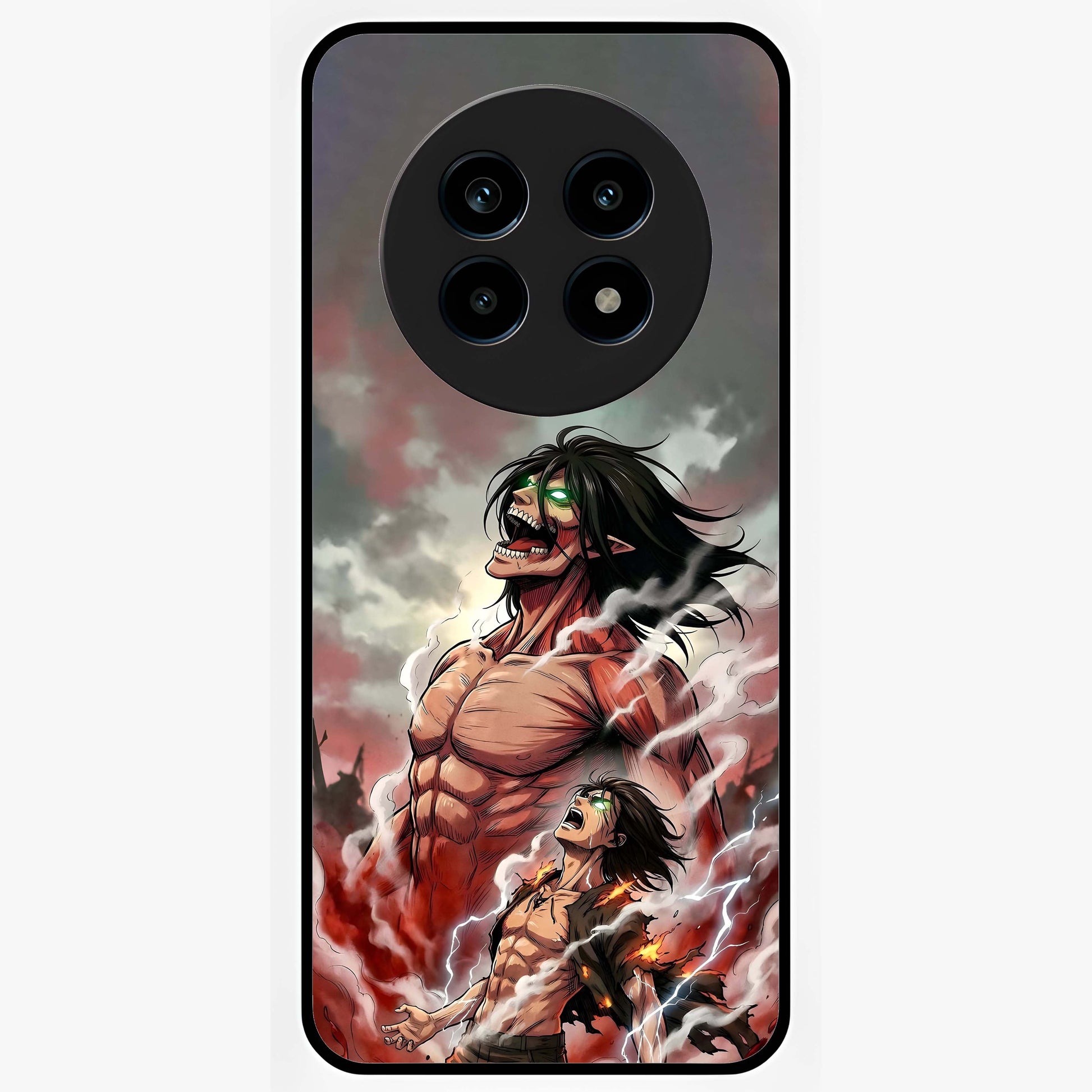 Titan Awakening Fury Glass Case showing flat back view with powerful titan inspired artwork and glossy glass finish.