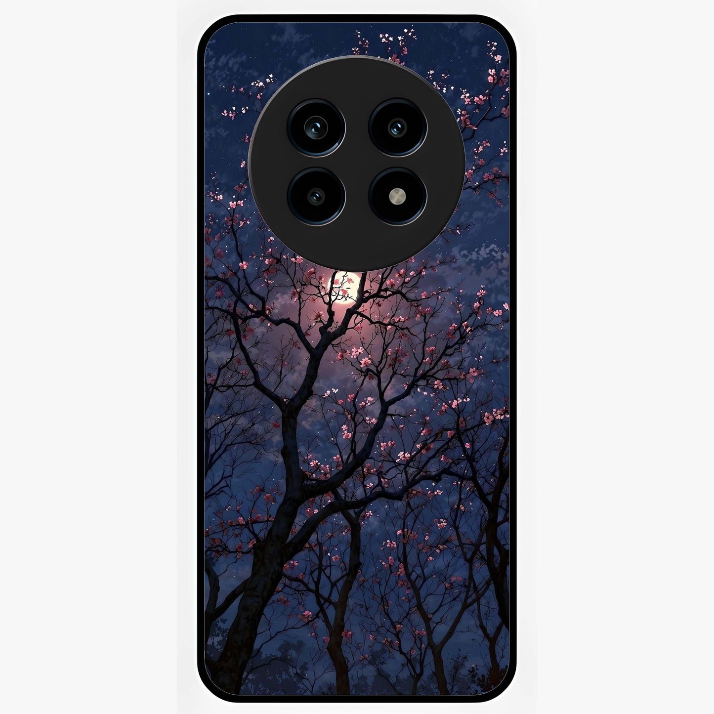 Twilight Sakura Serenade Glass Case showing flat back view with cherry blossom artwork at twilight and glossy glass finish.