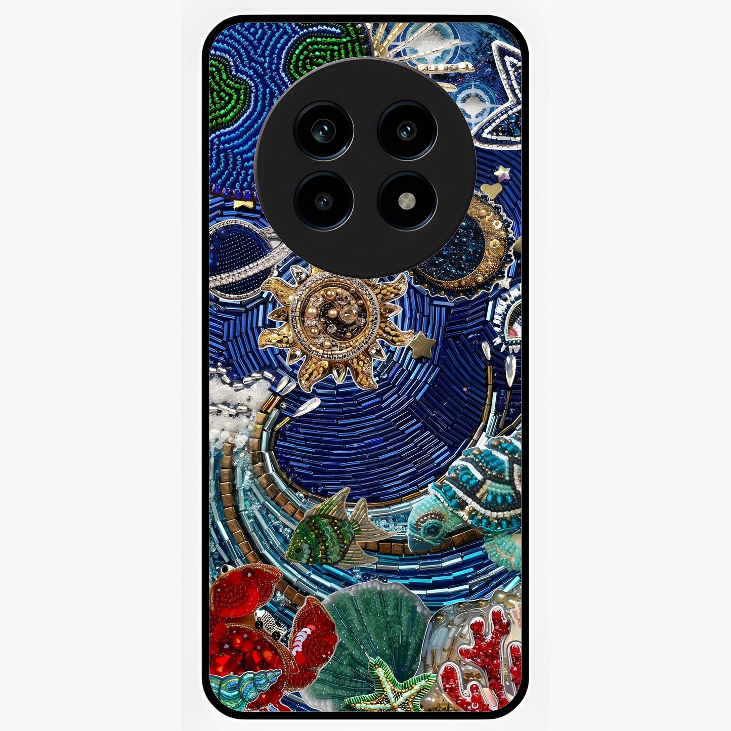 Universe Underwater Spark Glass Case showing flat back view with cosmic underwater themed artwork and glossy glass finish.