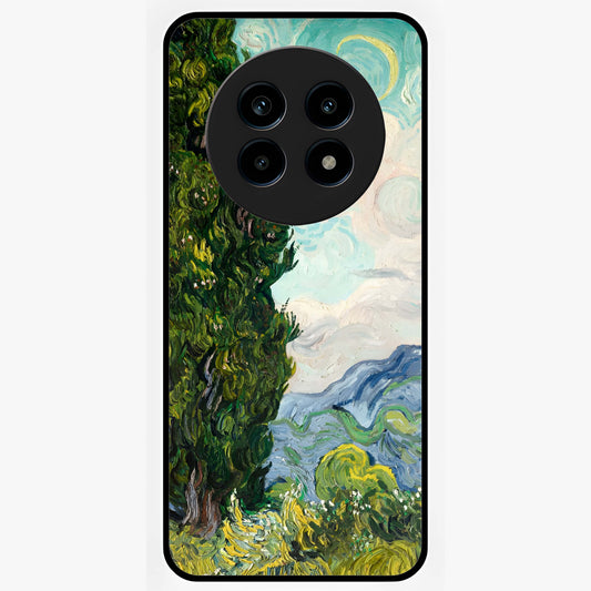 Van Gogh Vintage Art Glass Case showing flat back view with vintage painterly artwork inspired by Van Gogh style and glossy glass finish.