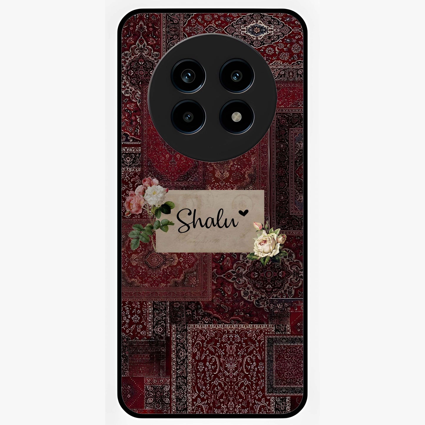 Velvet Wine Pattern Custom Name Glass Case showing flat back view with elegant wine colored pattern artwork and personalized name design.