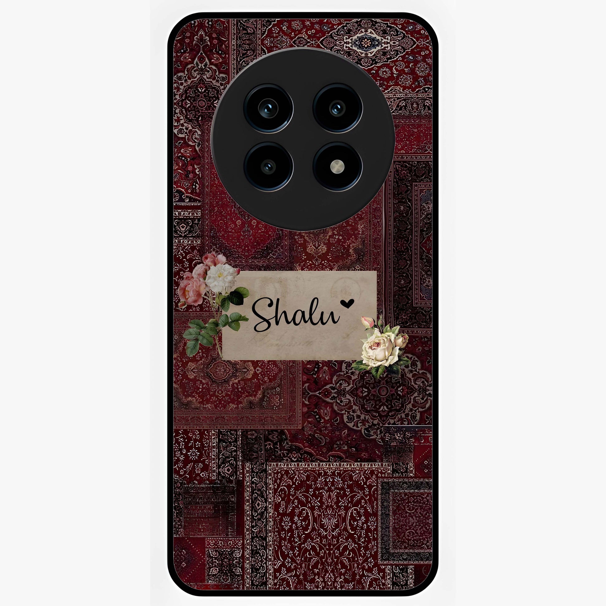 Velvet Wine Pattern Custom Name Glass Case showing flat back view with elegant wine colored pattern artwork and personalized name design.