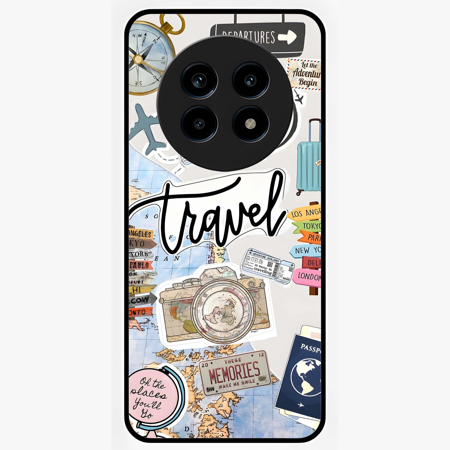 Wanderlust Journal Glass Case showing flat back view with travel inspired artwork and glossy glass finish.