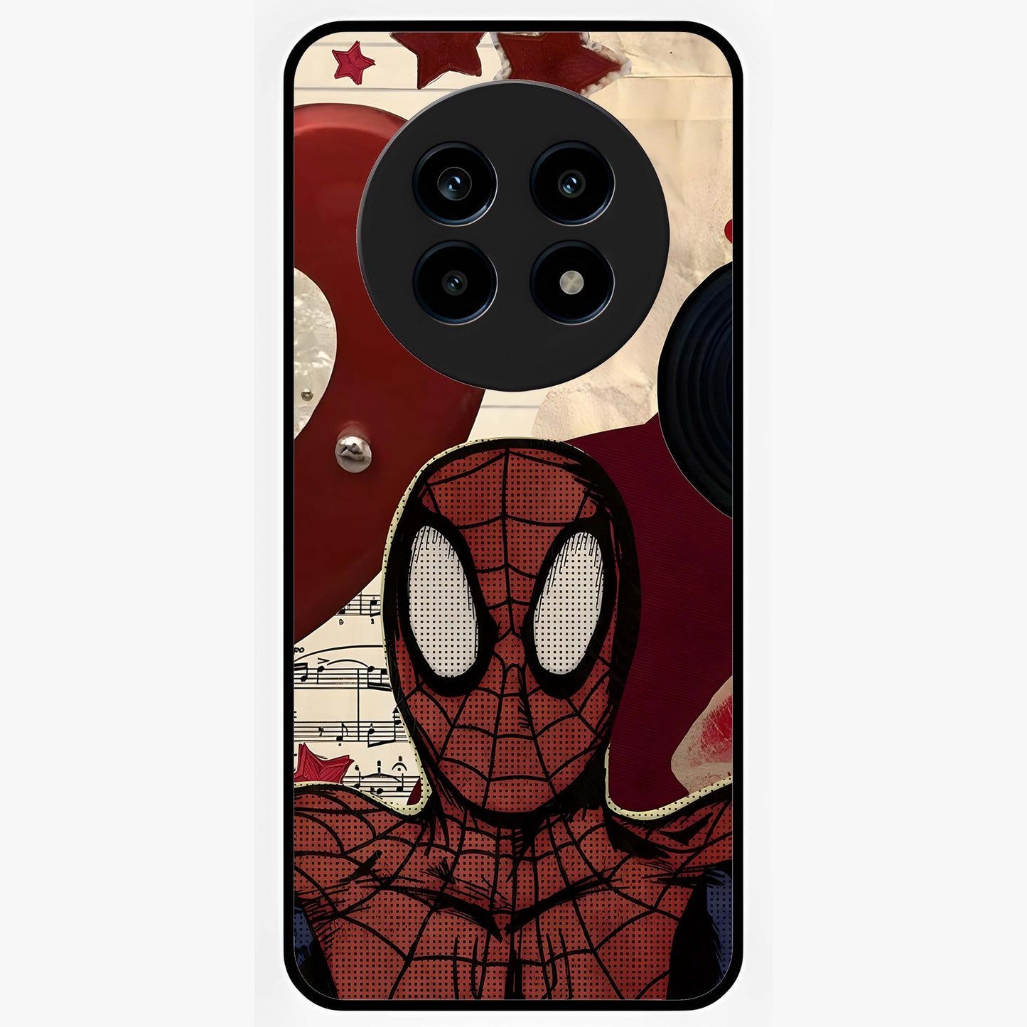 Web Warrior Vibes Glass Case showing flat back view with superhero inspired web themed artwork and glossy glass finish.