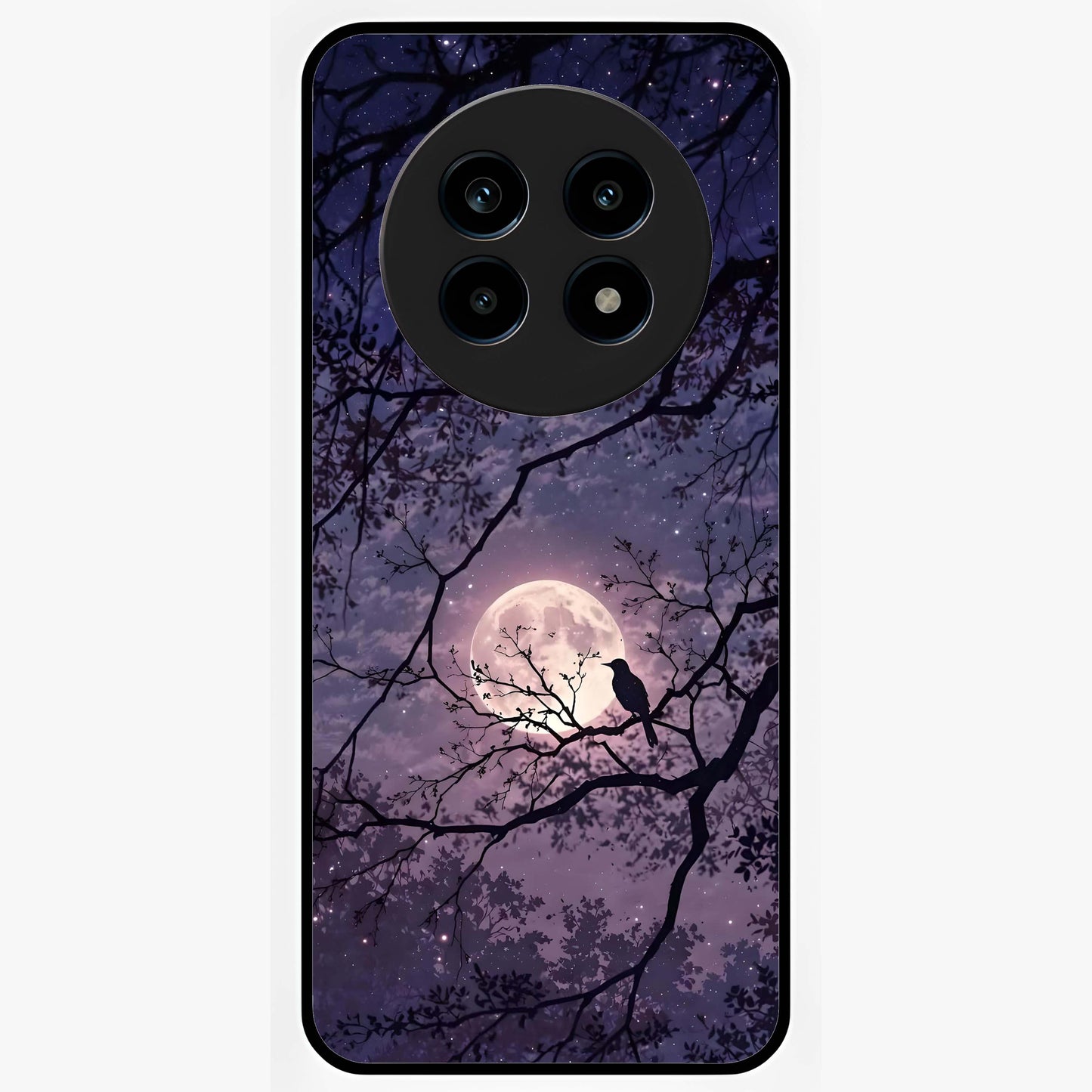 Whispering Moon Silence Glass Case showing flat back view with serene moon themed artwork and glossy glass finish.