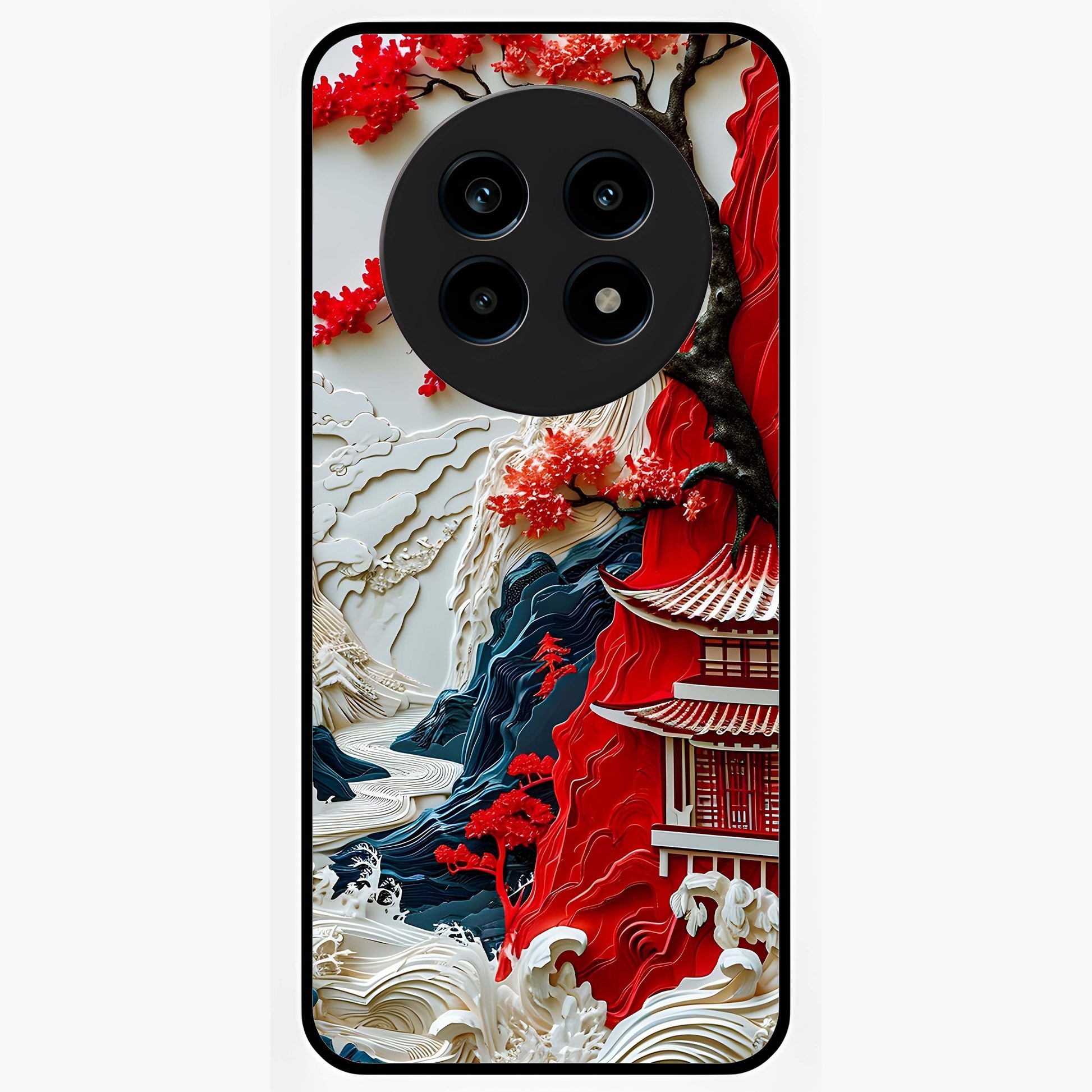 Whispers Of Sakura Waves Glass Case showing flat back view with cherry blossom wave artwork and glossy glass finish.