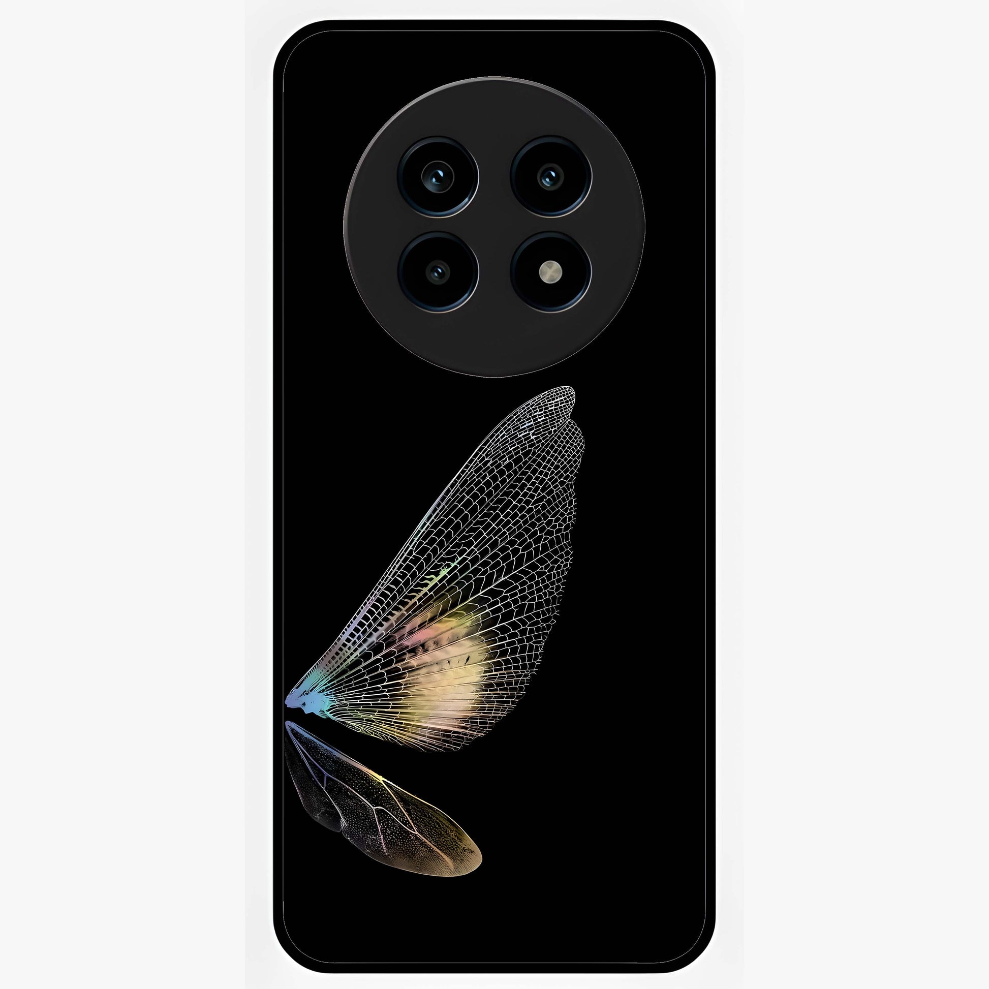 Whispers Of Wings Glass Case showing flat back view with graceful wing inspired artwork and glossy glass finish.