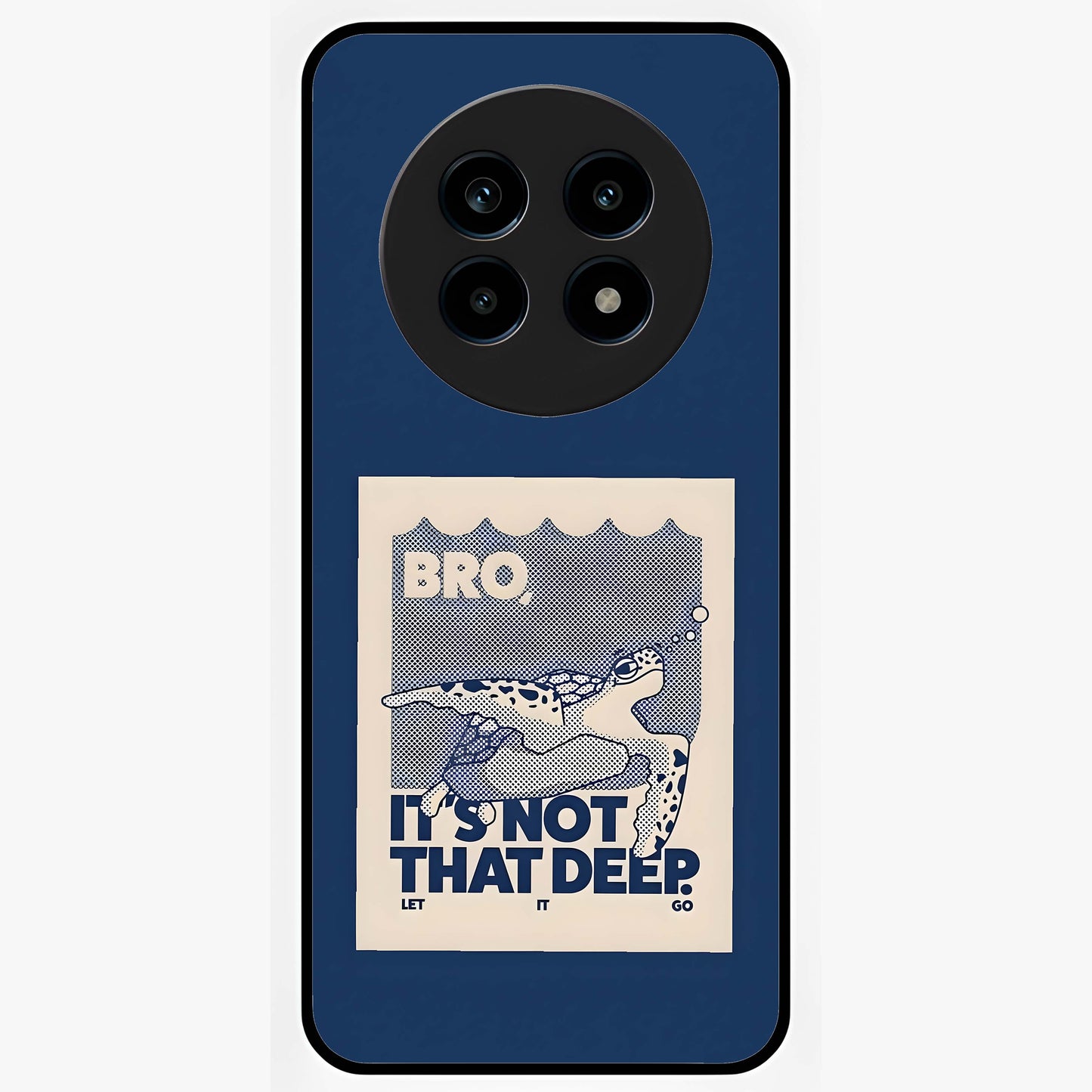 Worry Less Swim Glass Case showing flat back view with playful motivational artwork and glossy glass finish.