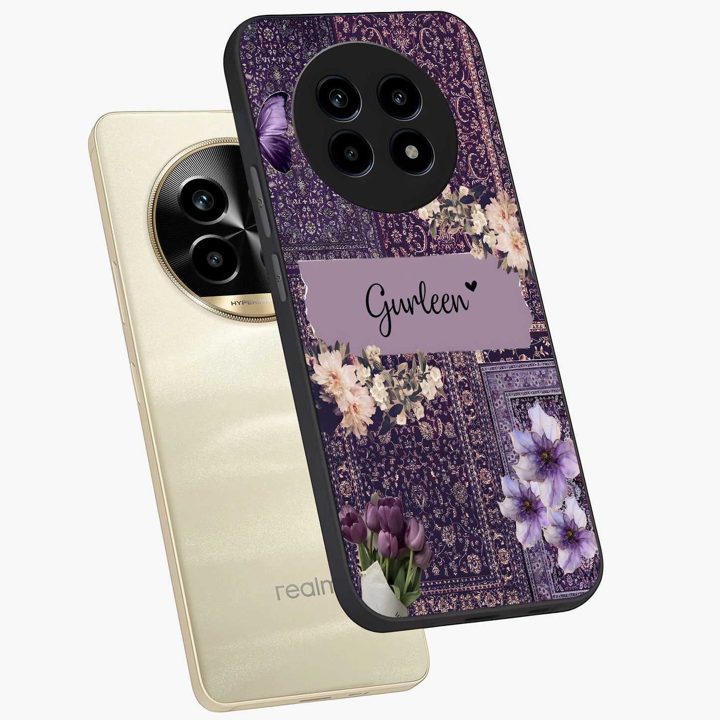 Antique Floral Whisper Custom Name Glass Case displayed in angled mockup highlighting elegant antique floral aesthetic.