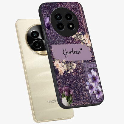 Antique Floral Whisper Custom Name Glass Case displayed in angled mockup highlighting elegant antique floral aesthetic.