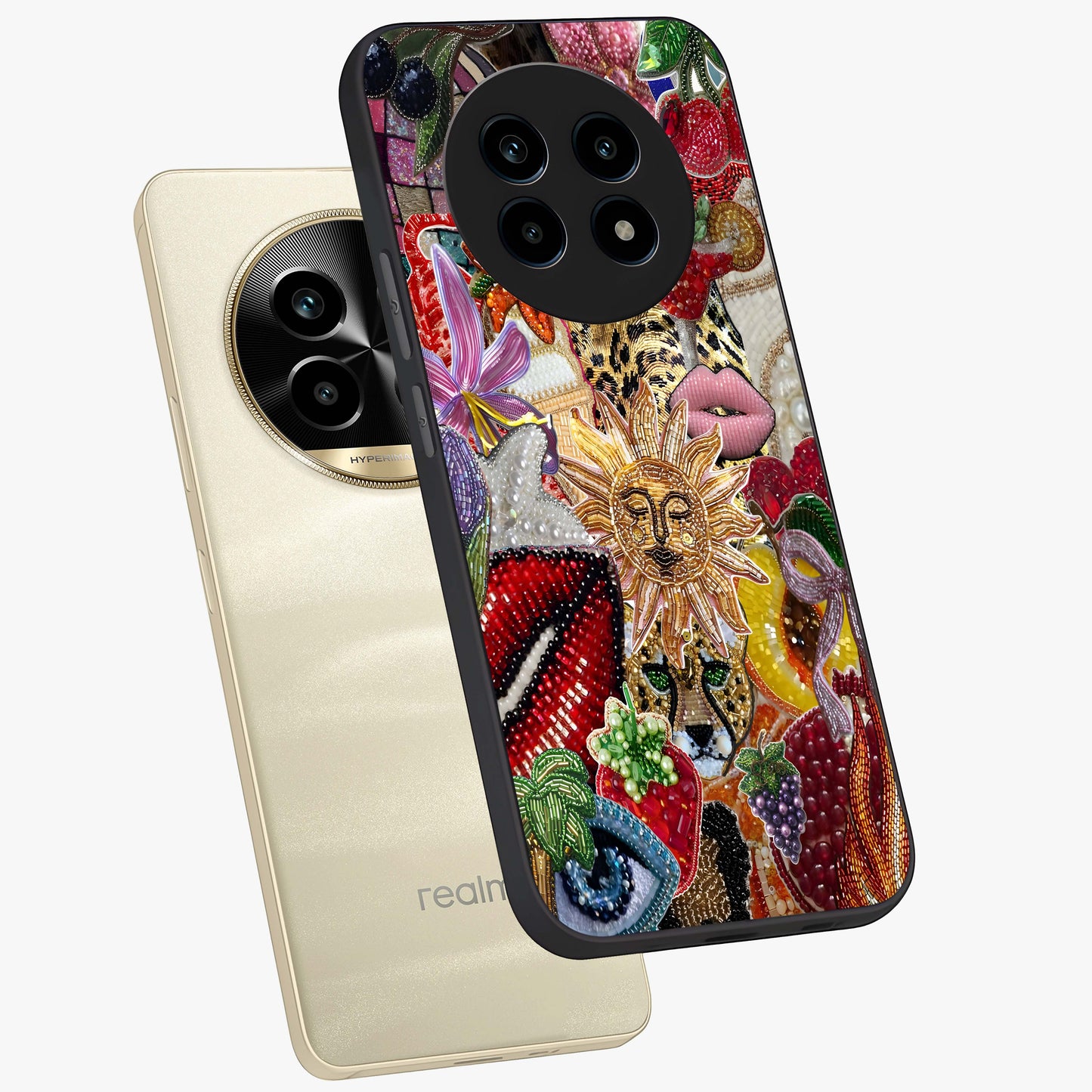 Beaded Fashion Jungle Glass Case displayed in angled mockup highlighting colorful fashion bead design and artistic pattern.