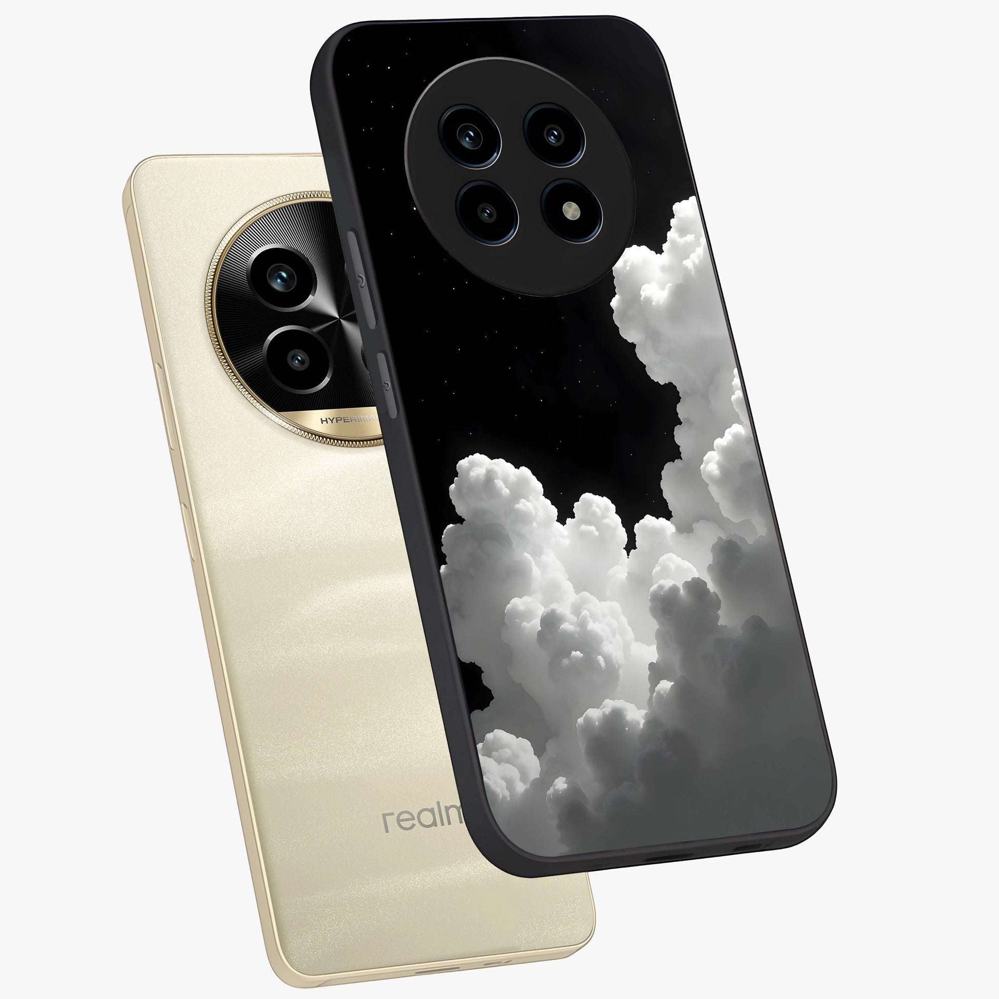 Black Background With White Cloud Glass Case displayed in angled mockup highlighting soft white cloud illustration and minimal design.