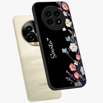 Black Elegance Floral Custom Name Glass Case displayed in angled mockup highlighting dark floral aesthetic and custom name feature.