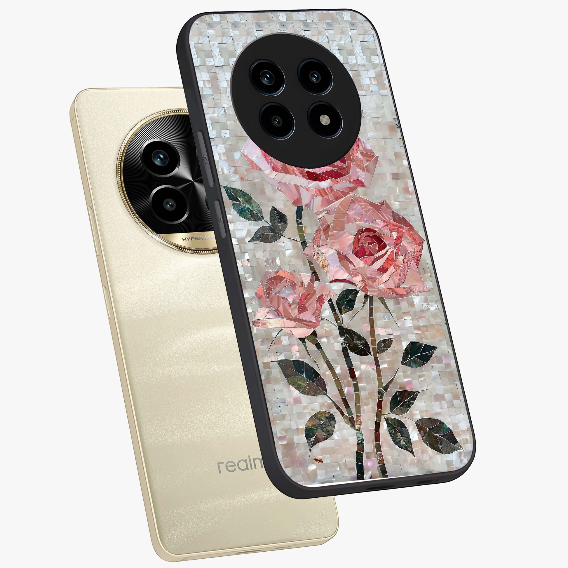 Blush Mosaic Bloom Glass Case displayed in angled mockup highlighting artistic mosaic flower pattern with aesthetic design.