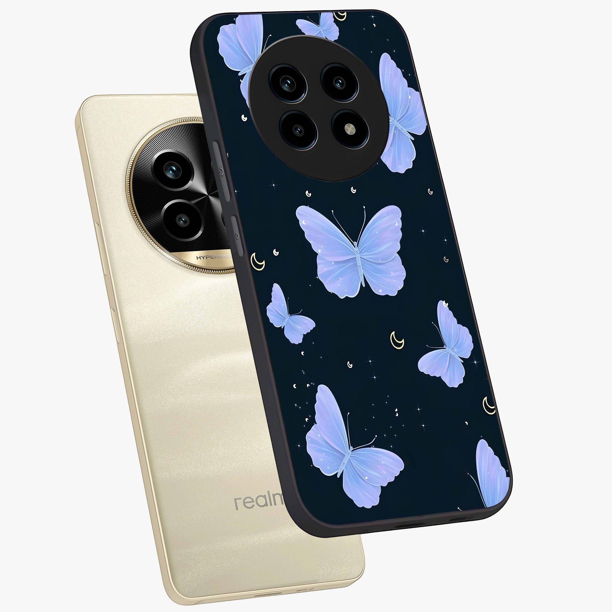 Butterfly With Stars Pattern Glass Case displayed in angled mockup highlighting dreamy butterfly and star design with aesthetic theme.