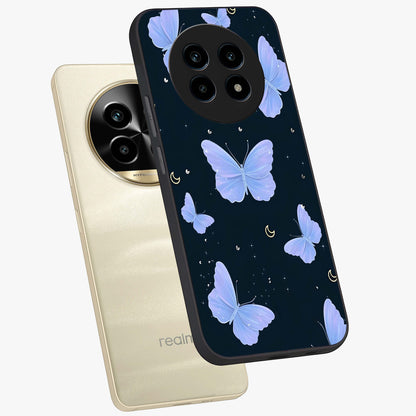 Butterfly With Stars Pattern Glass Case displayed in angled mockup highlighting dreamy butterfly and star design with aesthetic theme.