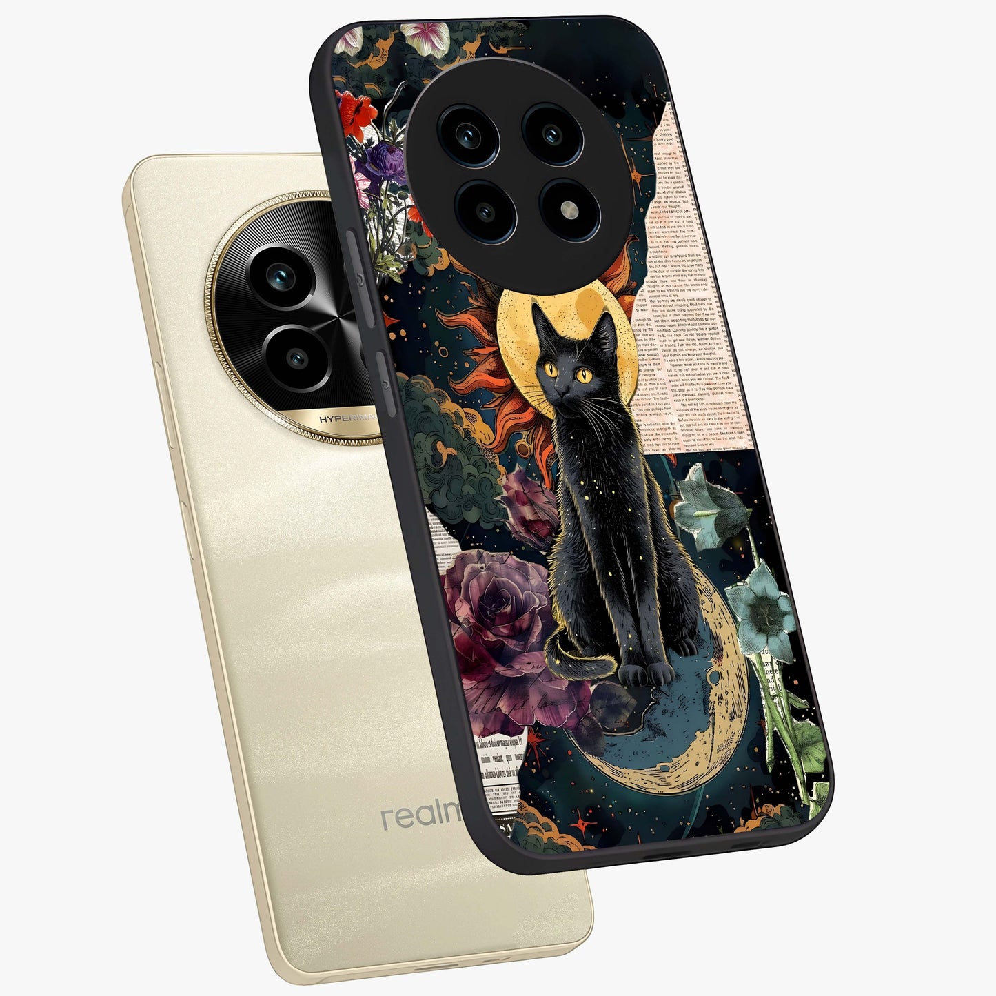 Celestial Black Cat Glass Case displayed in angled mockup highlighting cosmic black cat design with celestial aesthetic.