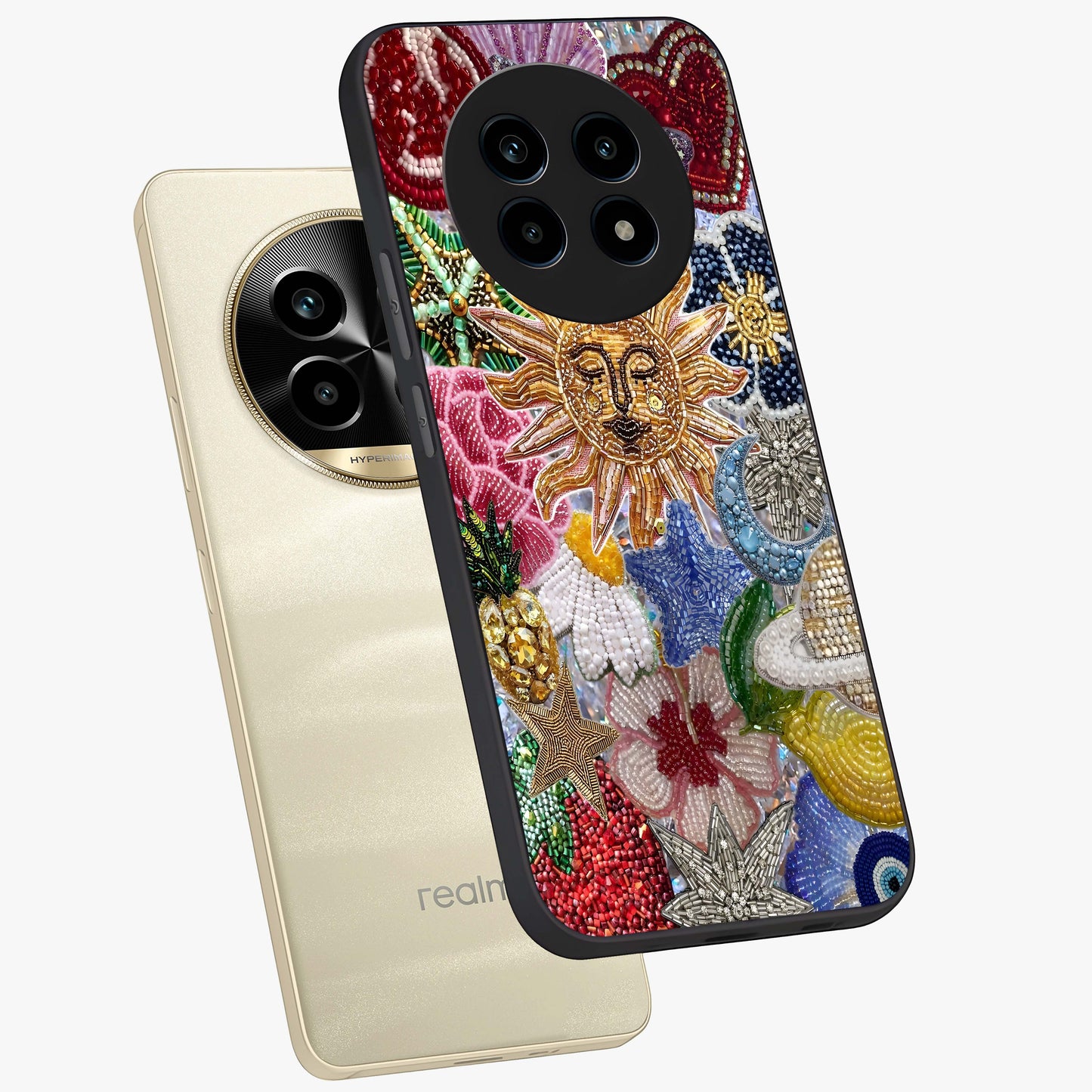 Celestial Floral and Playful Glass Case displayed in angled mockup highlighting playful floral design with dreamy celestial elements.
