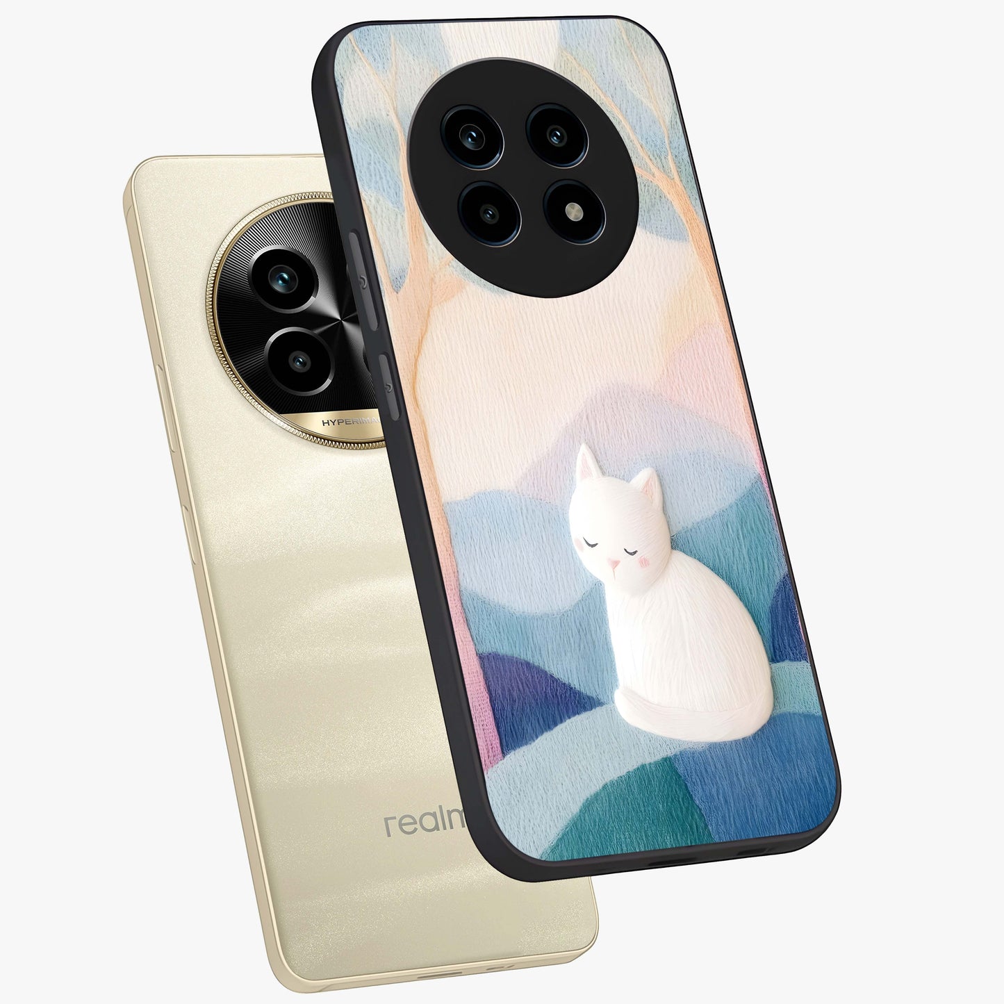 Cotton Dream Cat Glass Case displayed in angled mockup highlighting cute feline illustration with pastel aesthetic style.