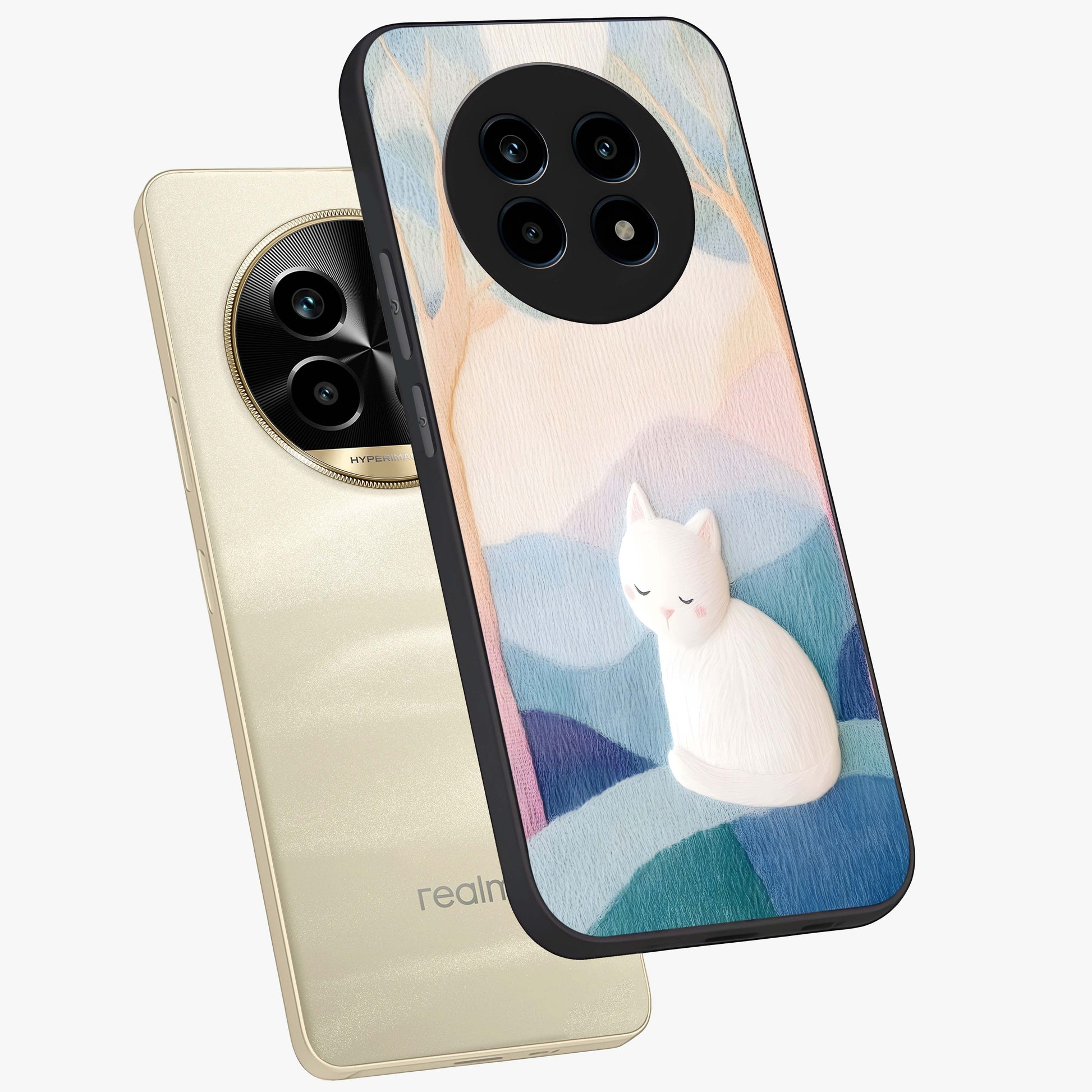 Cotton Dream Cat Glass Case displayed in angled mockup highlighting cute feline illustration with pastel aesthetic style.
