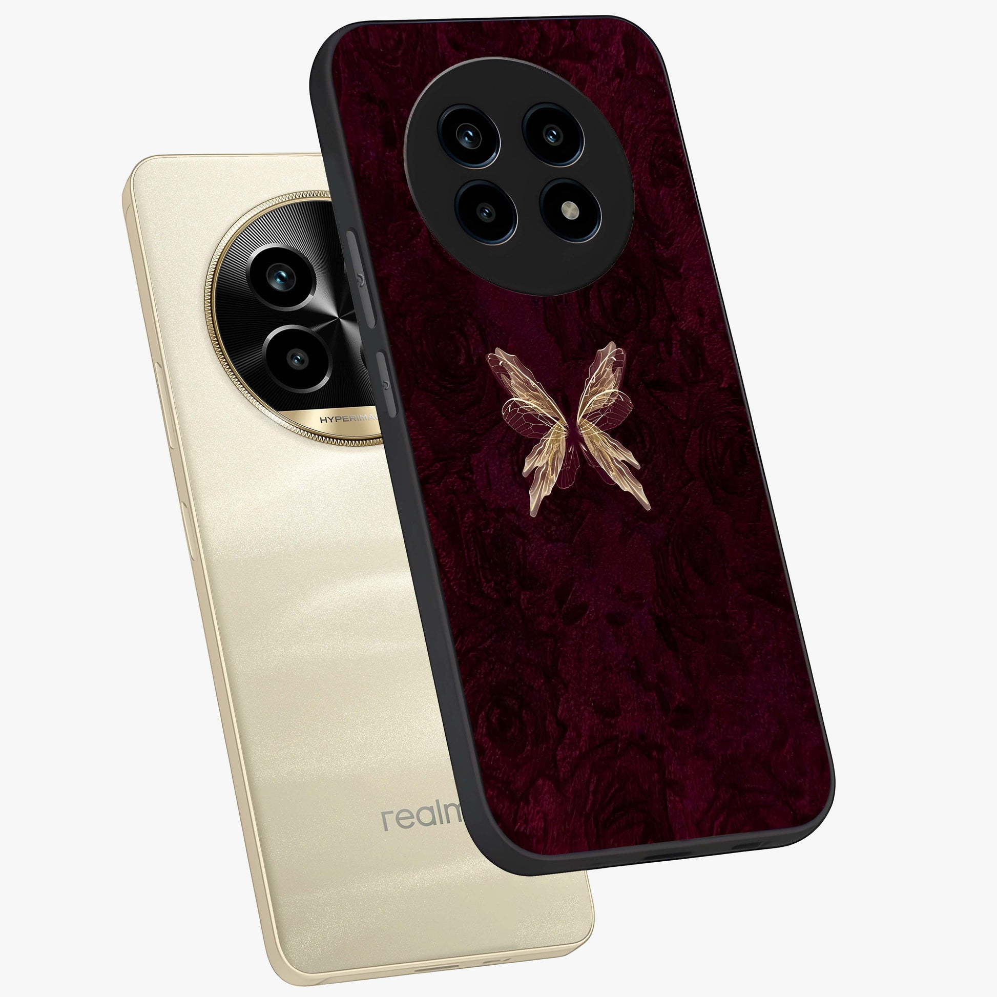 Crimson Fade Butterfly Glass Case displayed in angled mockup highlighting elegant butterfly design with crimson gradient aesthetic.