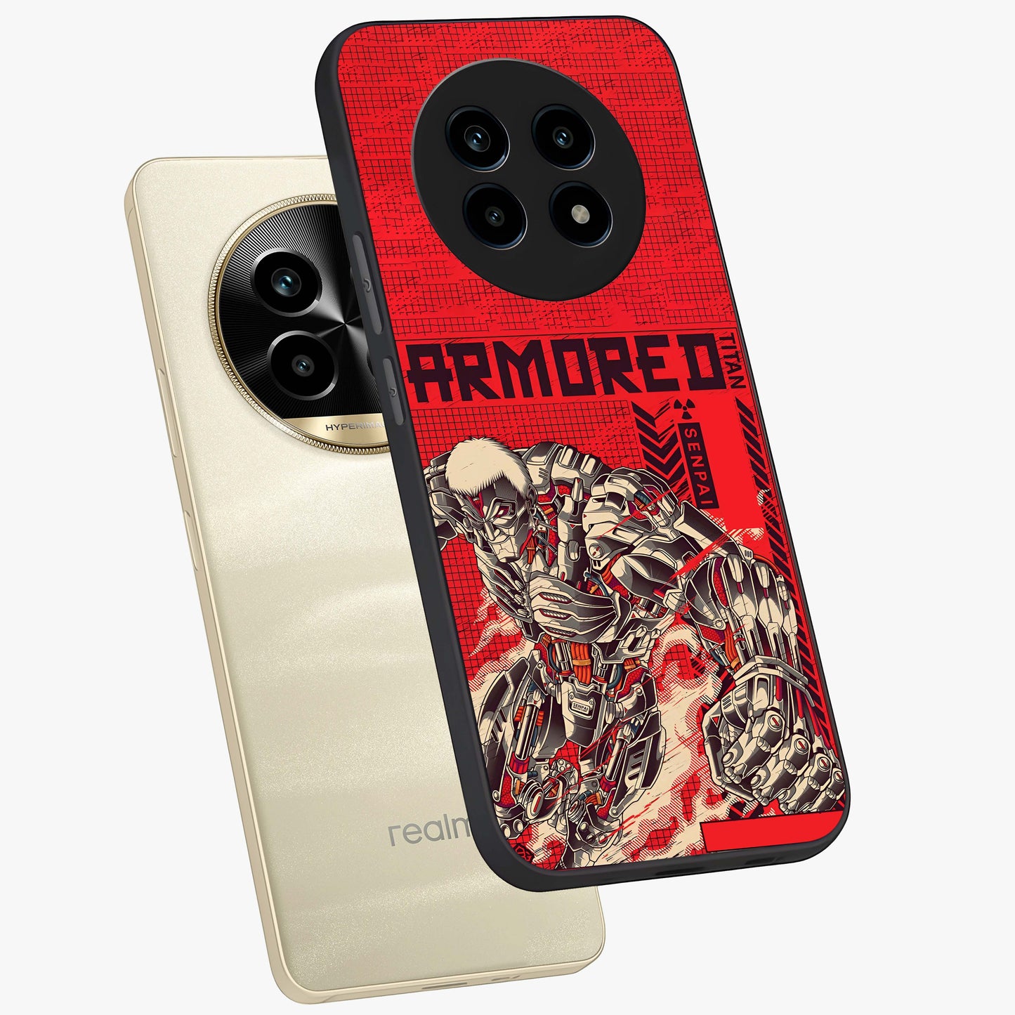 Crimson Mecha Titan Glass Case displayed in angled mockup highlighting futuristic mech illustration with bold crimson aesthetic.