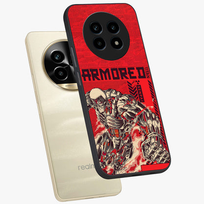 Crimson Mecha Titan Glass Case displayed in angled mockup highlighting futuristic mech illustration with bold crimson aesthetic.
