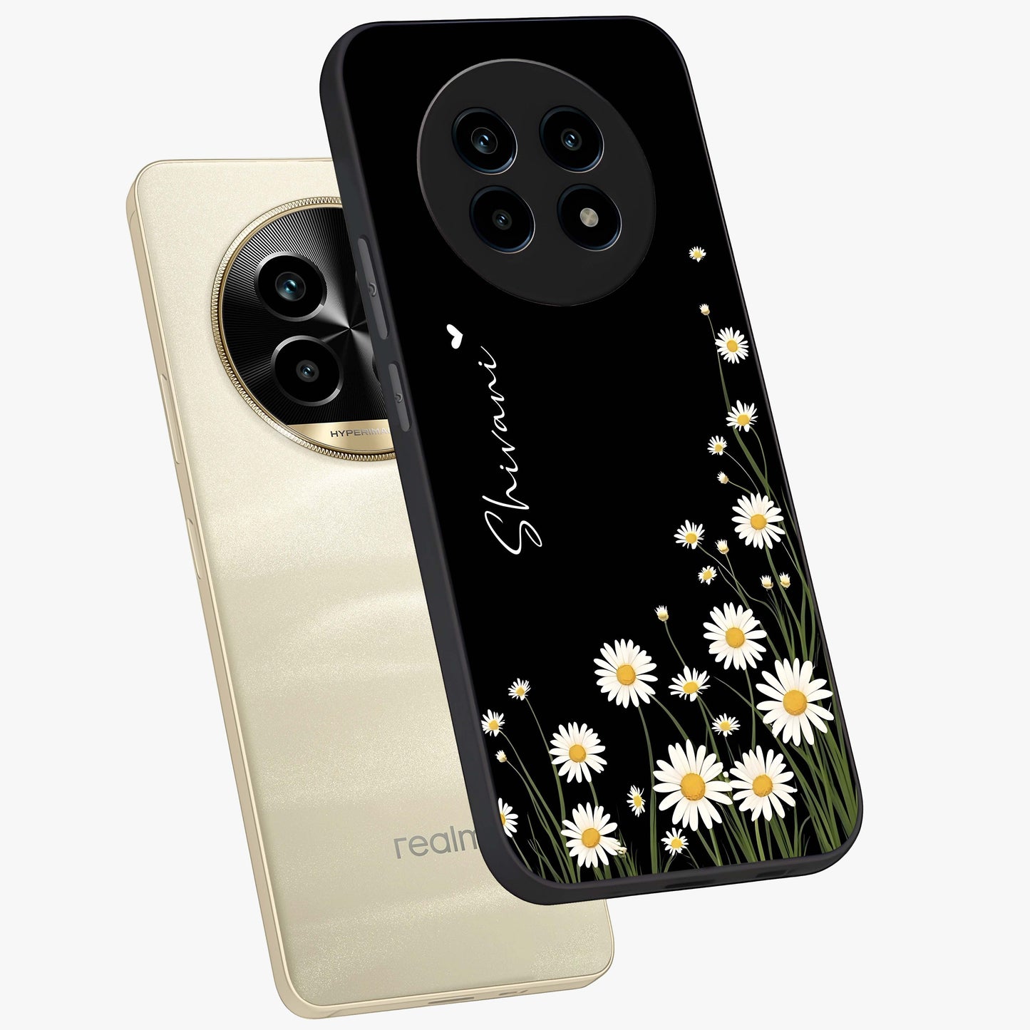 Daisy Cascade Custom Name Glass Case displayed in angled mockup highlighting delicate daisy artwork with custom name feature.