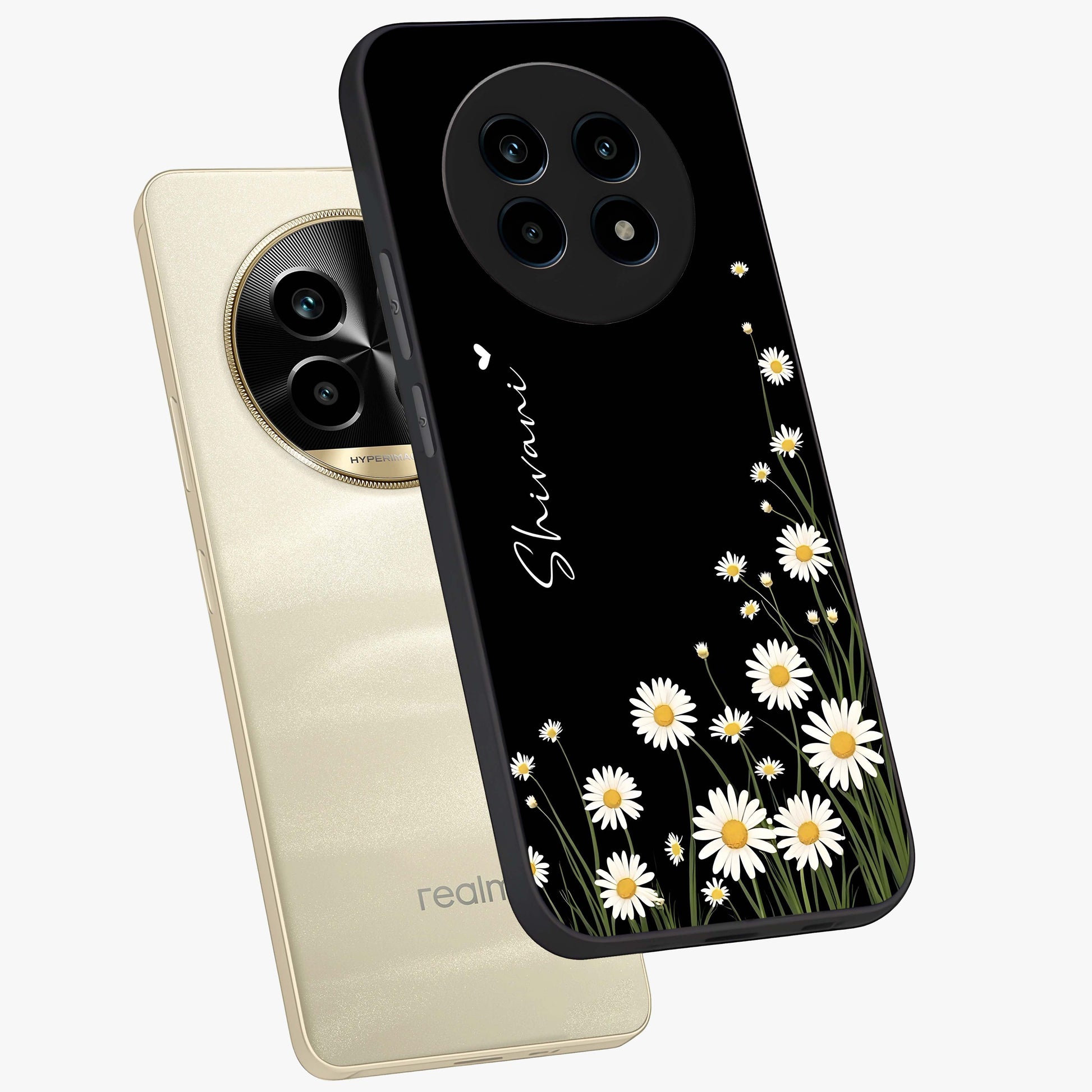 Daisy Cascade Custom Name Glass Case displayed in angled mockup highlighting delicate daisy artwork with custom name feature.