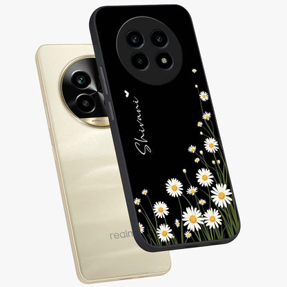 Daisy Cascade Custom Name Glass Case displayed in angled mockup highlighting delicate daisy artwork with custom name feature.