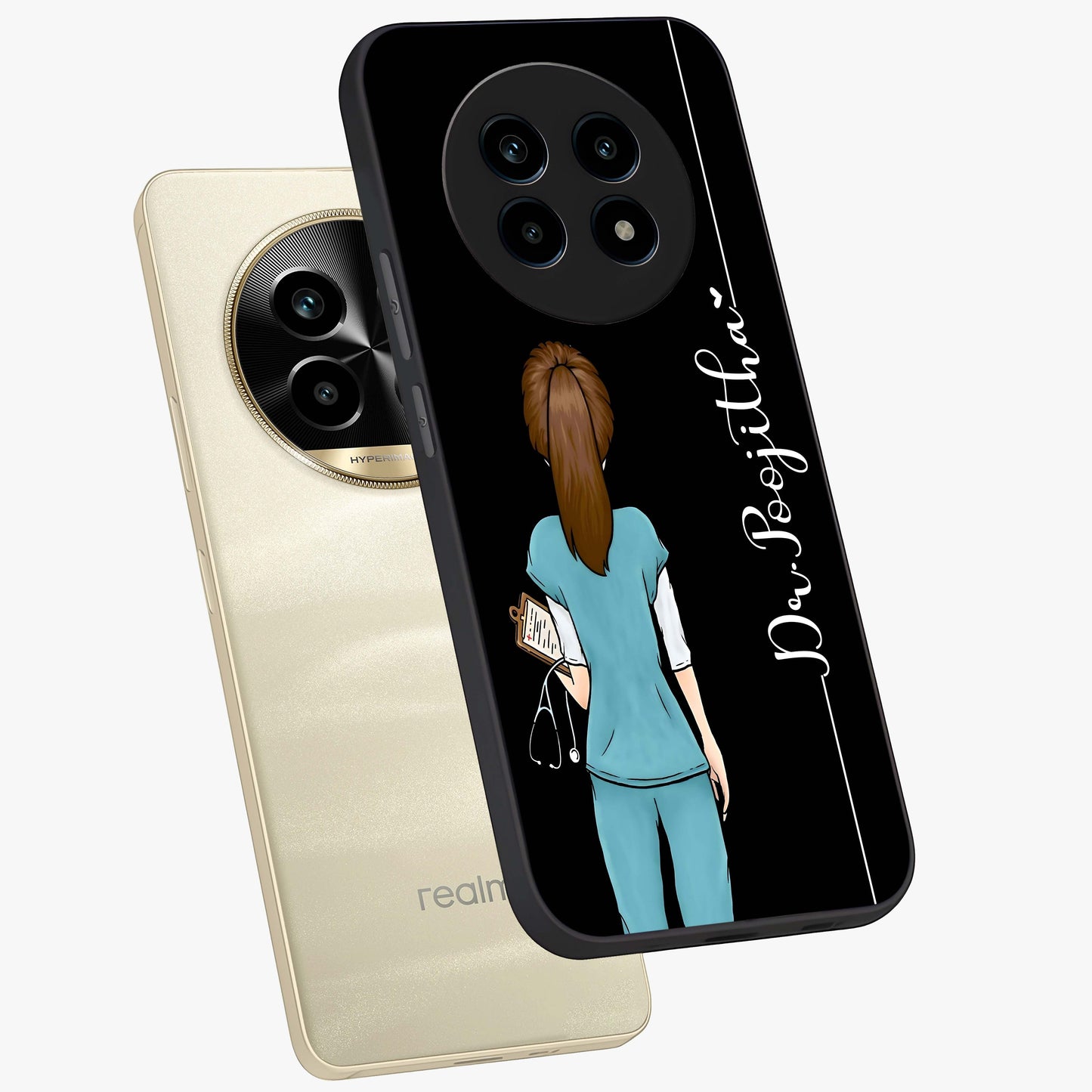 Doctor Pattern Custom Name Glass Case displayed in angled mockup highlighting doctor inspired artwork with custom name feature.